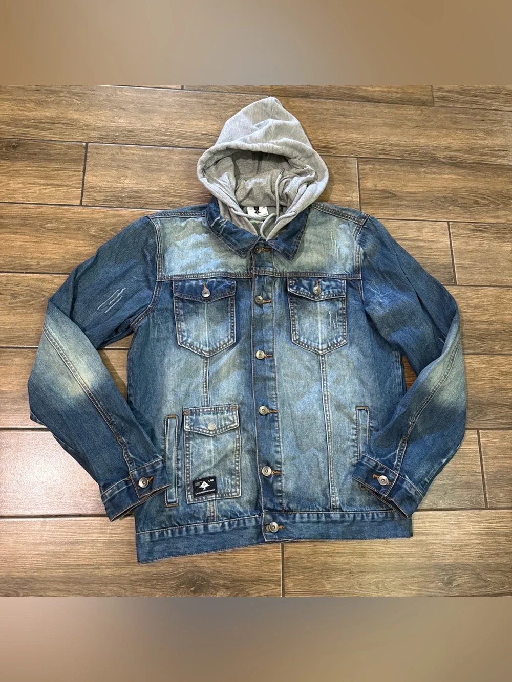 LRG Lifted Research Group Hoodie Jacket L Mens Blue Jean Faded Distressed Denim